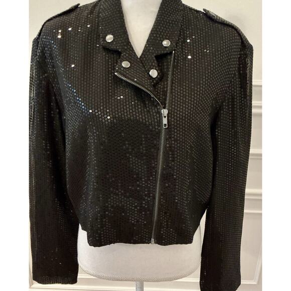 By Anthropologie Sequin Cropped Black Moto Jacket Size Large NWT - Picture 11 of 15